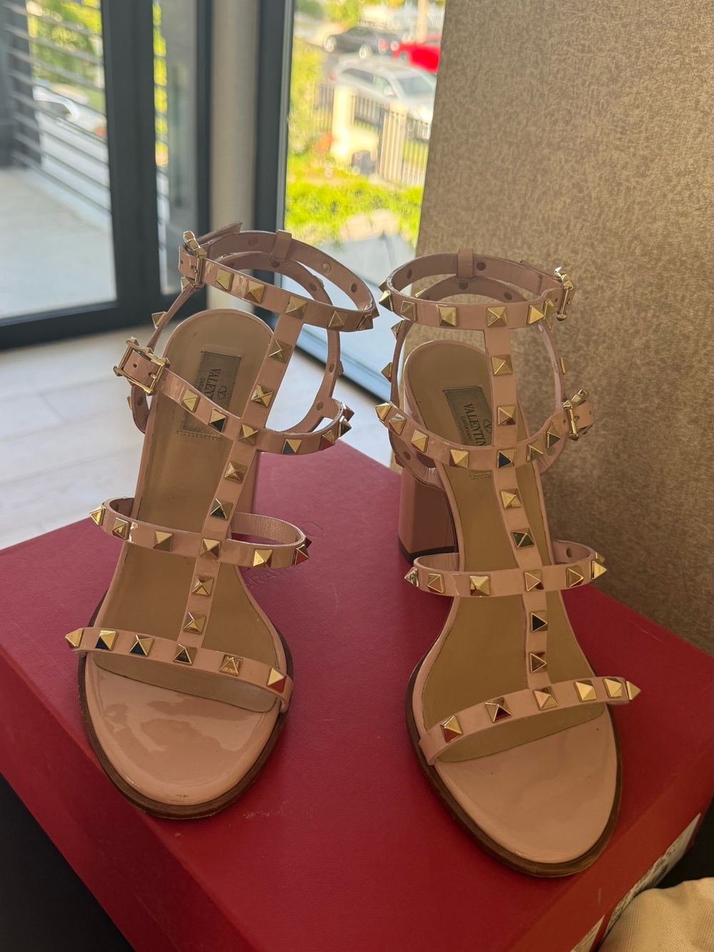 Valentino Pink Patent Leather Rockstud Block-Heel Sandals